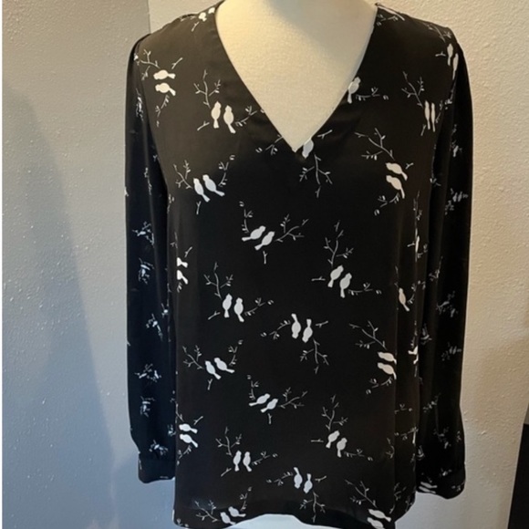 Loft Black with White Birds Long Sleeve Blouse - Picture 5 of 10